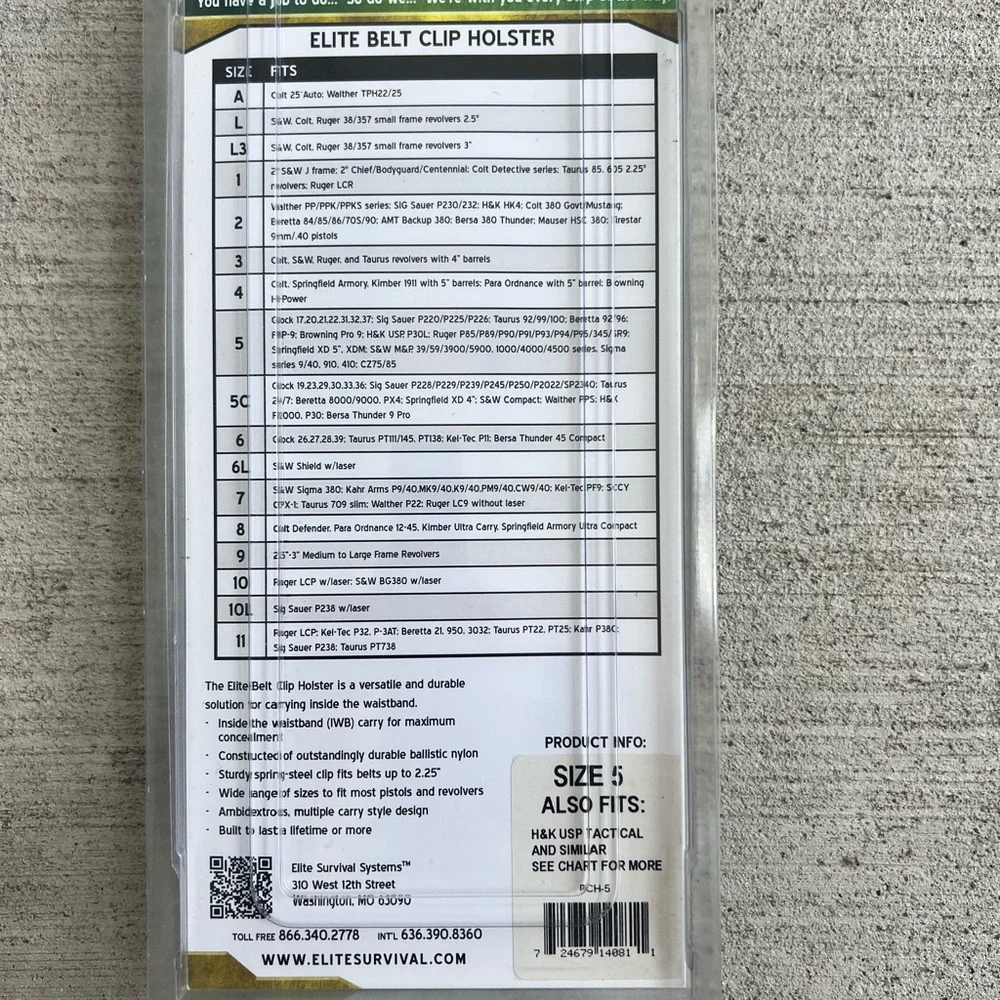 Elite Survival Systems Belt Clip Holster Size 5 Inside Waistband Carry New